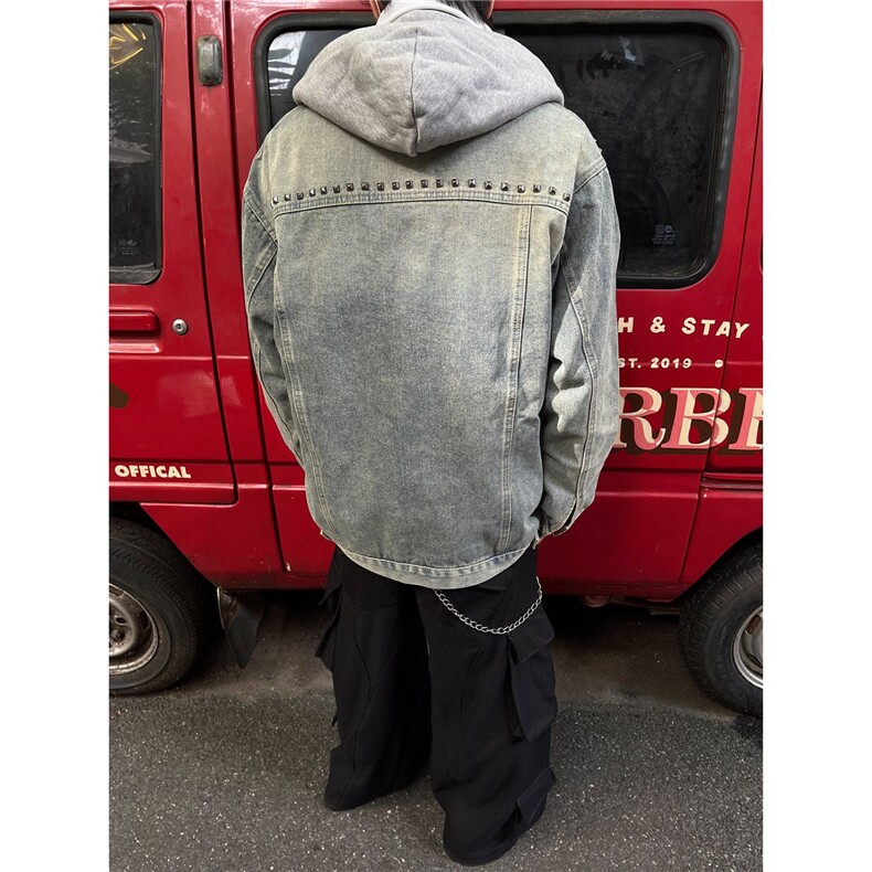 美式重工铆钉牛仔外套男女bf设计感小众宽松廓形做旧夹克上衣水洗,男装工装外套,星座506A