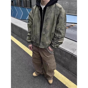 春秋美式覆古假两件扎染连帽短外套高街头男女宽松飞行员夹克潮牌图片