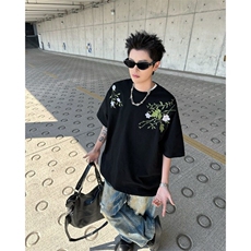 Q323-P45重工街头新中式花卉刺绣廓形短袖T恤百搭圆领夏装上衣服，男装T恤，星座911-1