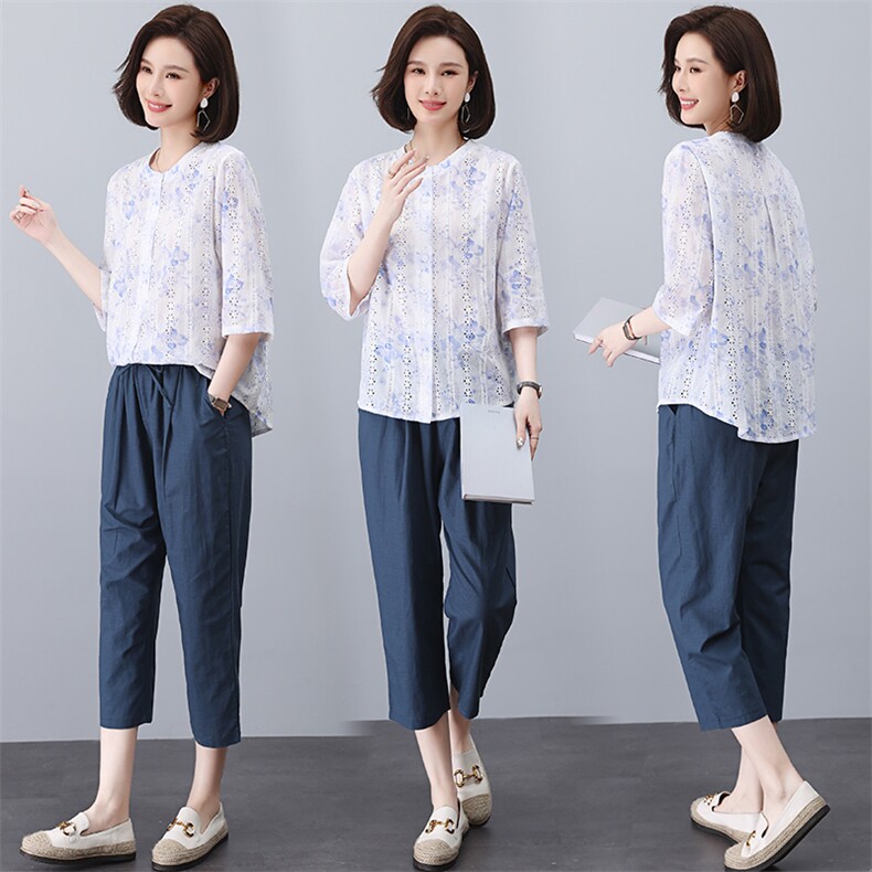 大量现货休闲纯棉衬衣棉庥裤子两件套2023夏季新款中年妈妈套装，女装大码女装，奕阳依阁