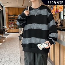 大码慵懒风复古圆领套头条纹卫衣秋季新款宽松显瘦休闲长袖上衣，男装卫衣，星座506A