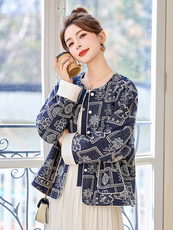 复古蓝色刺绣亮片牛仔外套女2025春节新款气质百搭新中式圆领上衣，女装短外套，沁沁公主