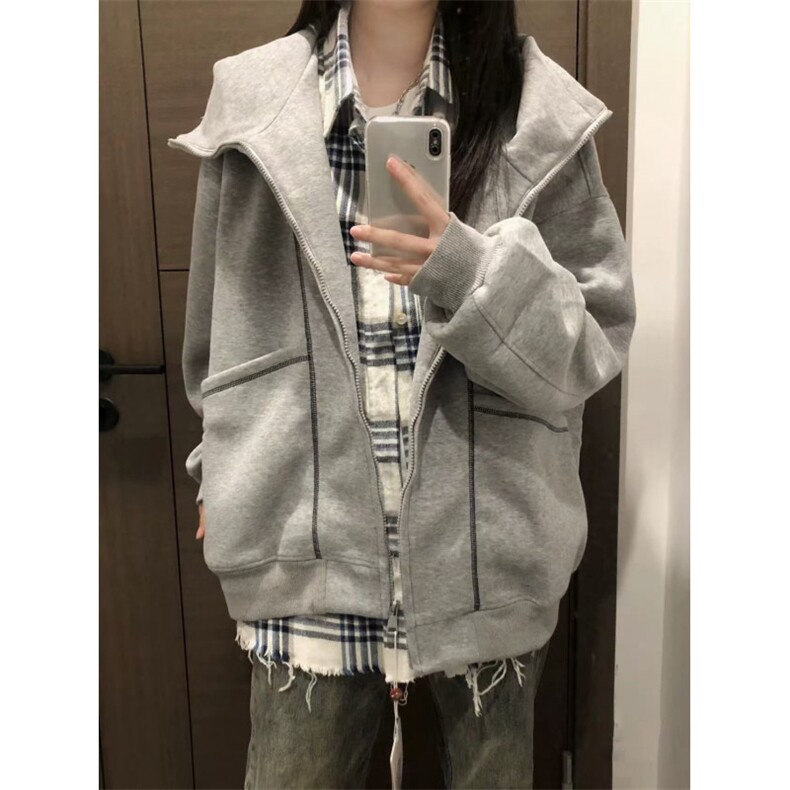 5404-P58原版分割/拉链/后包领休闲外套卫衣薄款/加绒,女装卫衣/绒衫,星座617A-2