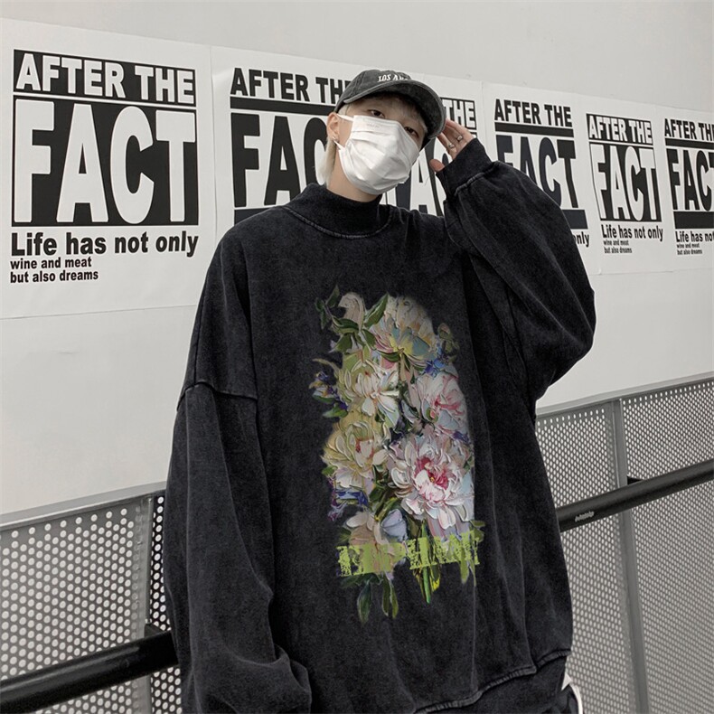 水洗做旧加绒加厚卫衣男23冬高领油画花朵打底衫 XZ514-2-X51-P78图片