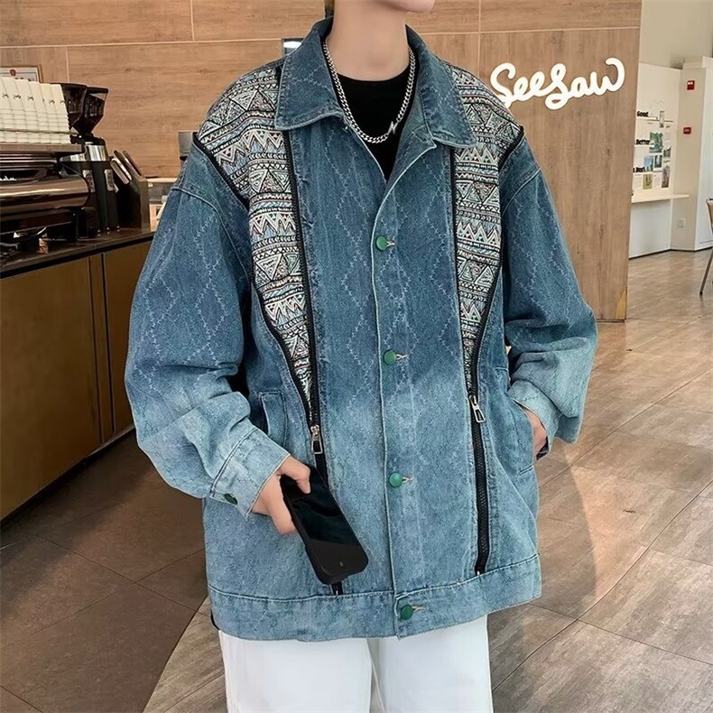 高街潮牌民族风拼接牛仔外套男潮高级感休闲宽松学生痞帅夹克，男装夹克，星座716-2