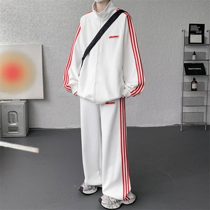 8XL-M条纹撞色开衫新年红卫衣运动套装潮牌运动服校园风TZ114P118图片