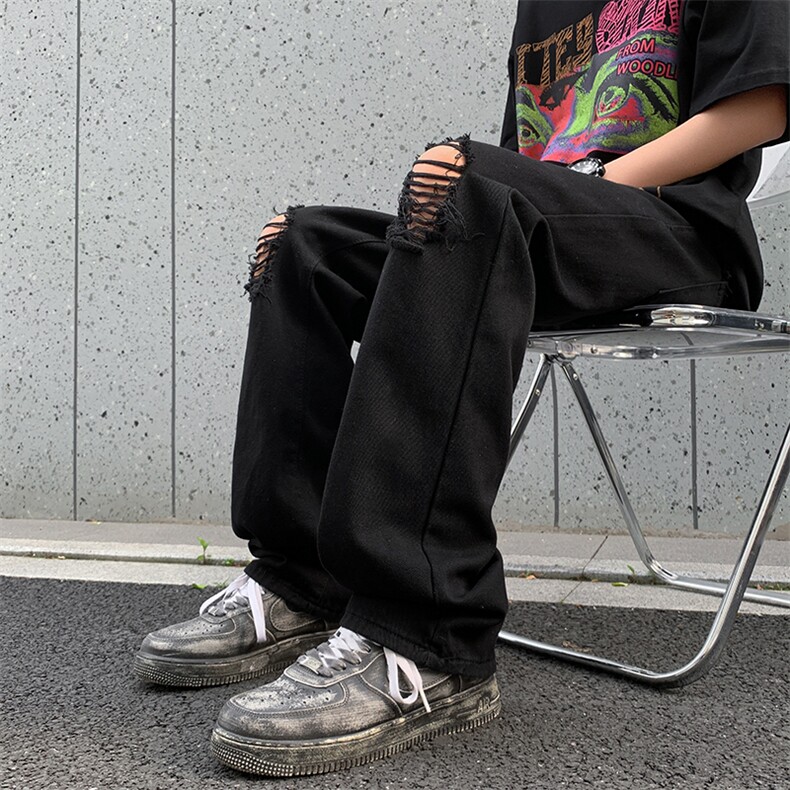 破洞牛仔裤男夏季高街vibe休闲裤高级感痞帅直筒微喇裤62188-p40图片
