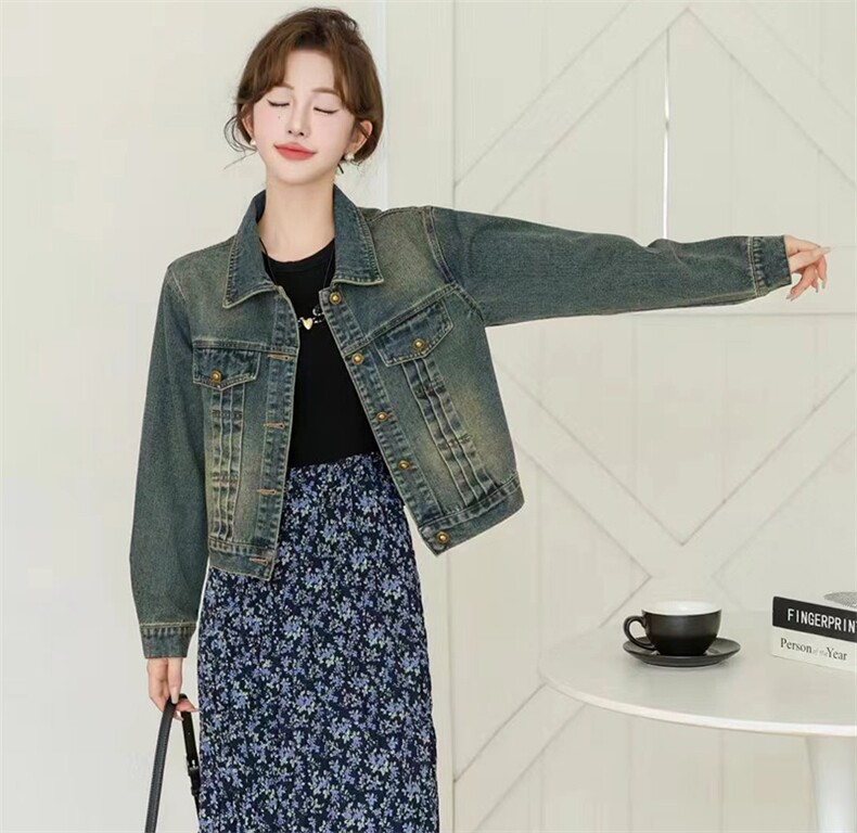 现货手工抹旧工艺复古小版型牛仔外套慵懒风宽松设计感上衣女,女装牛仔外套,跑量工厂店