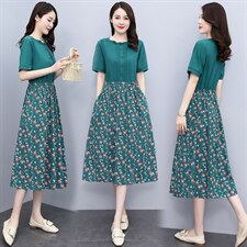 高档棉麻连衣裙女2022夏季新款修身显瘦洋气减龄印花拼接短袖裙子，女装连衣裙，香水丽阁
