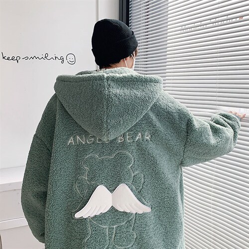冬季新款宽松小飞熊刺绣羊羔毛棉服连帽棉袄棉衣 A071-1009-P120图片