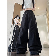 美式运动拼接条纹休闲裤女夏季松紧腰宽松束脚阔腿裤子K802p38，男装休闲裤，电商D315A