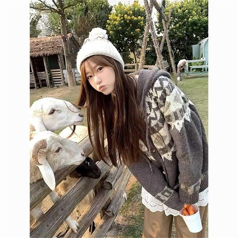 重磅秋冬北极绒开衫毛衣美式复古休闲慵懒风牛角扣针织衫连帽外套图片