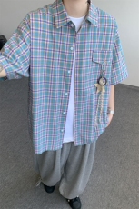 CS1151-特批40控78夏季新款男女格子短袖大码男衬衫（带配件），男装T恤，电商A059