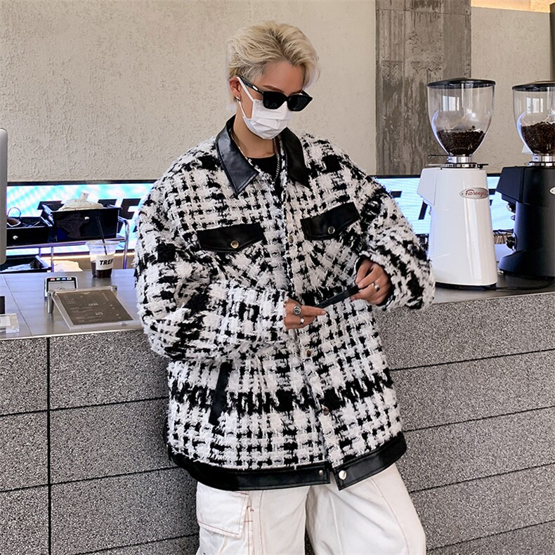 秋季编织小香风男女款拼接夹克格子上衣 A071-JK105-P110图片