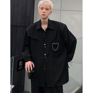 小众极简设计感垫肩衬衫男女痞帅纯色立领廓形长袖衬衣 C0199图片