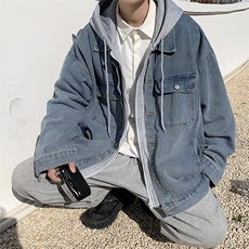 假两件牛仔外套男春秋季高街百搭夹克美式连帽上衣服JK0014-P70，男装夹克，星座308B-1