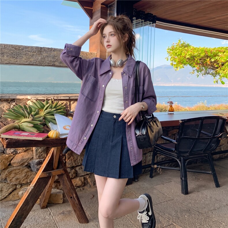 2026初秋氛围感香芋紫牛仔外套女宽松显瘦中长款叠穿百搭长袖衬衫,女装衬衫,艾米莉亚