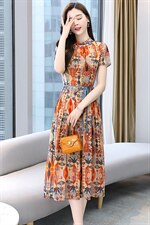 高端印花连衣裙女2024夏季新款气质收腰遮肚子显瘦洋气中长款裙子，女装连衣裙，魅丽静蓝