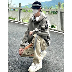 新款美式高街大码破洞涂鸦黄泥色牛仔工装裤货号K641P60图片