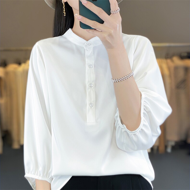 夏季新款重磅醋酸真丝七分袖衬衫女士立领纯色泡泡袖宽松休闲显瘦，女装衬衫，朝贺羊绒