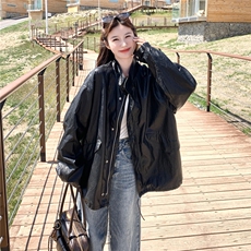 设计感皮衣外套女春秋款宽松休闲百搭上衣潮酷洋气中长款PU皮夹克，女装皮衣，维壹