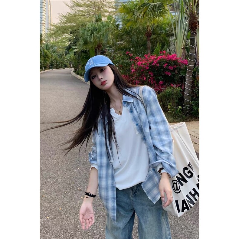 格子长袖衬衫女装夏季薄款设计感法式上衣衬衣外套潮CA1006-P38,男装衬衫,星座208-5