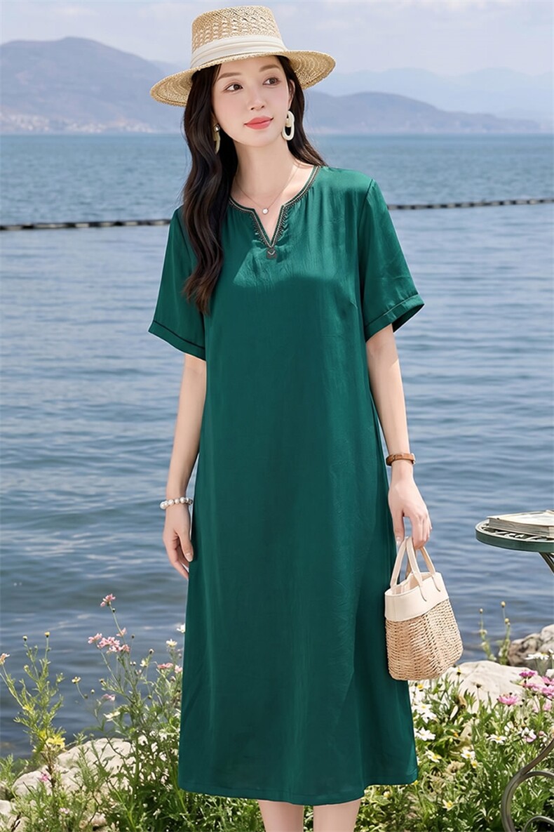 现货秒发刺绣洋气高端裙气质连衣裙夏季新款宽松口袋中长裙女,女装连衣裙,韩蔻秀