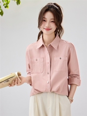 2026早春新款樱花粉工装衬衫女宽松显瘦长袖休闲衬衣温柔风韩版，女装衬衫，艾米
