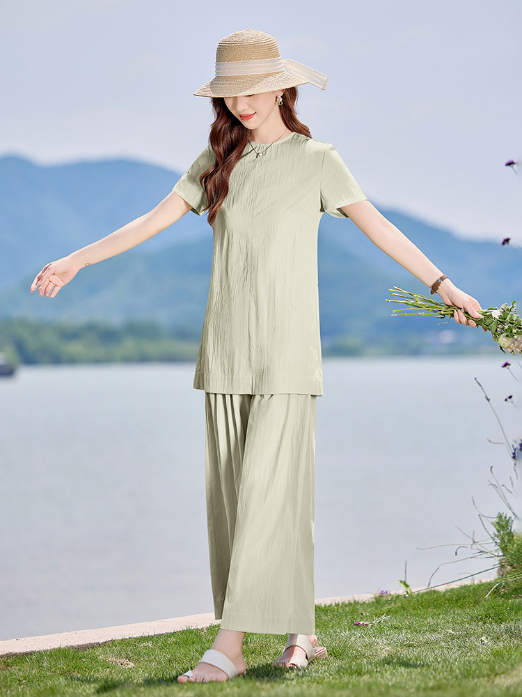 时尚简约休闲套装女2026夏新款气质减龄显瘦短袖上衣阔腿裤两件套,女装套装/套裙,水衣源