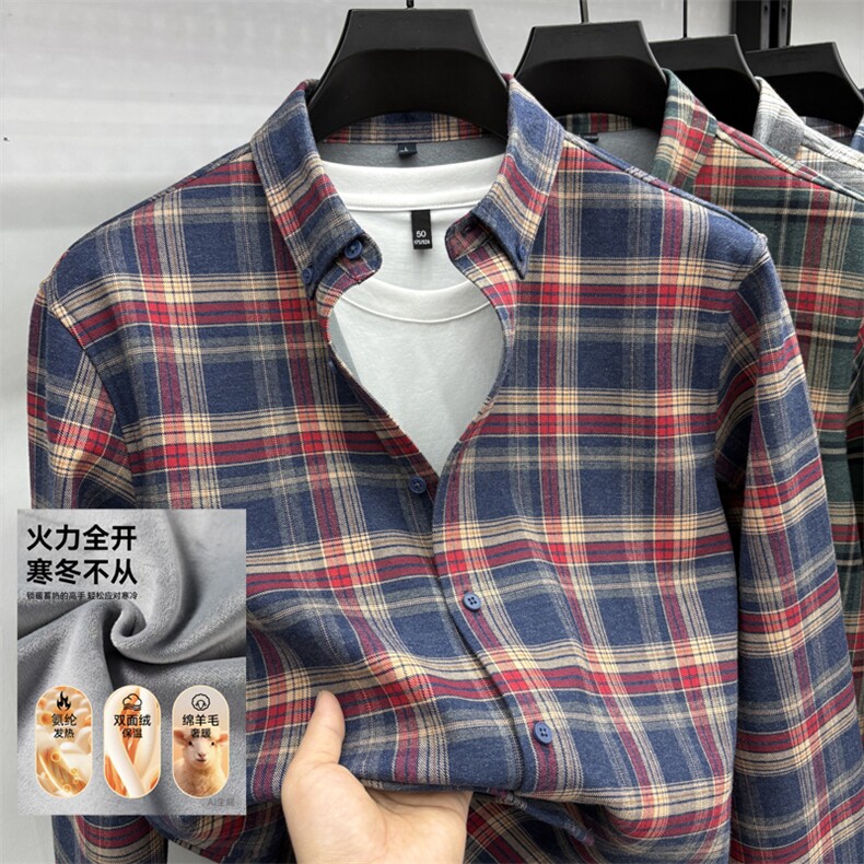 FN25195延续加绒冬季保暖长袖加厚衬衣色纺纱纯棉格子衬衫,男装衬衫,钱塘207-1