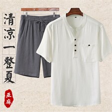 主推款高端夏季男士唐装中年棉麻套装中老年高品质亚麻短袖T恤，男装中老年男装，钱塘723