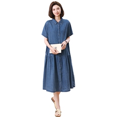 短袖中长款H型夏季宽松腰气质时尚简约纯色牛仔连衣裙，女装连衣裙，江忆布依