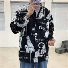 日系复古抽象涂鸦印花宽松衬衣潮男装chic长袖衬衫W1113-P35，男装衬衫，星座512-4