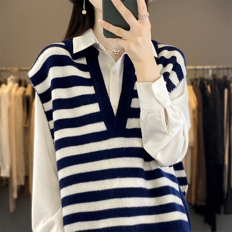 时尚条纹羊毛马甲女秋冬新款显瘦V领针织背心外套，女装马甲，暖思雅