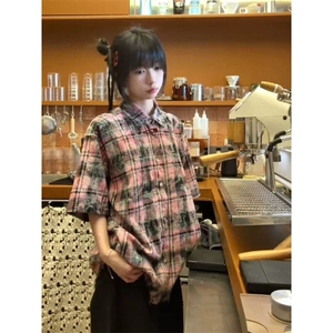 出货 格子短袖衬衫复古宽松休闲五分袖衬衣美式防晒外套CSS13 P35图片