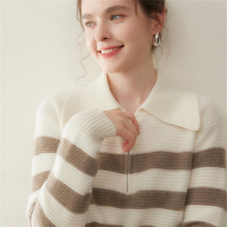 2025年秋季新款双股条纹半拉链大翻领针织上衣时尚休闲通勤，女装羊绒衫，澳煜绒