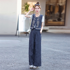 高级感复古刺绣牛仔套装女2025秋季新款休闲无袖马甲阔腿裤两件套，女装套装/套裙，歌伊格美