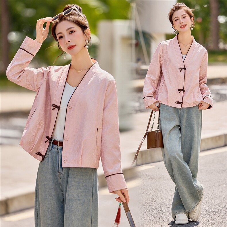 现货！！中式2026年春季新款描边纯色印花短外套，女装短外套，众宇琦