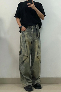 古可变裤形微喇叭牛仔裤美式男女垂感阔腿拖地裤A068-KXSK93-TP65图片