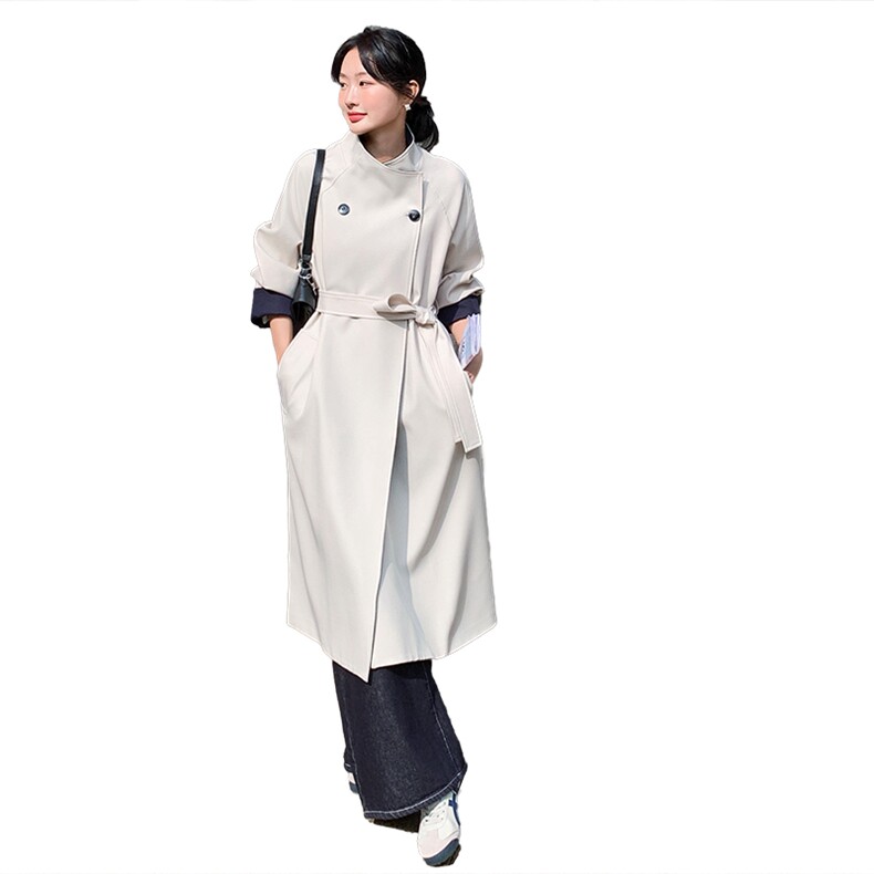 设计感立领风衣外套女中长款2025春秋新款韩系带气质宽松过膝大衣,女装风衣,2C238