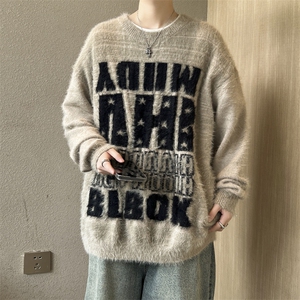 秋款男圆领套头毛衣加厚水洗貂毛字母印花针织衫线衣M6526 P62图片