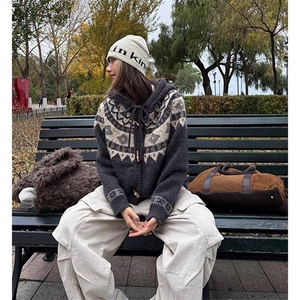 灰色费尔岛毛衣女款2025新款冬季穿搭慵懒高级感加厚针织开衫外套图片
