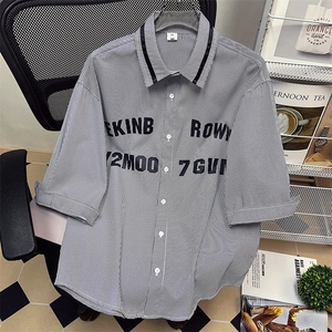 1中性竖条纹大码M-5XL日系港风情侣七分袖衬衫男QCS7018P45控68图片
