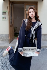 藏青色慵懒风连帽披肩卫衣套装裙女秋季2025新款休闲半身裙两件套，女装套装/套裙，2C159