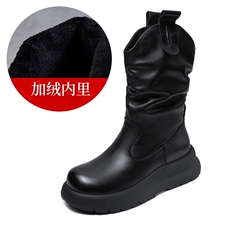真皮中筒靴褶皱牛皮中筒靴女2025新款时尚马丁堆堆靴秋季加绒靴子，女鞋马丁靴，电商A223