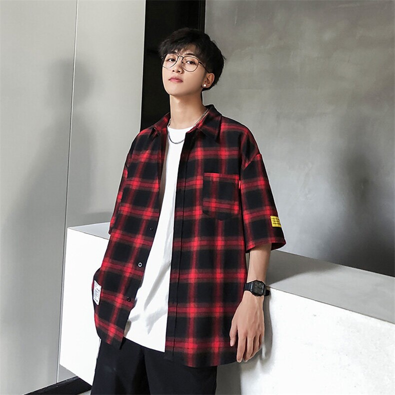 男士港风格子休闲短袖衬衫夏季大码日系款号C741P30【特价】,男装衬衫,电商A007