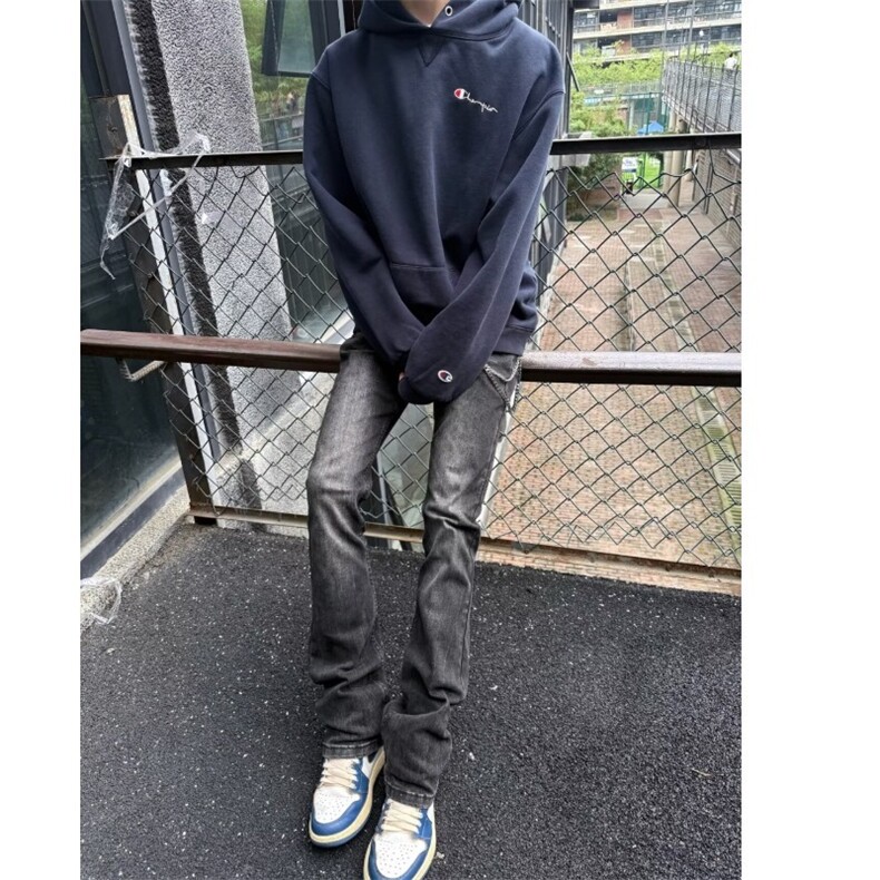 美式vibe风水洗猫须牛仔裤男秋冬高街修身窄版直筒裤子高腰微喇裤,男装休闲裤,星座603-2