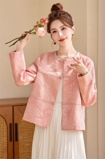 粉色新中式国风圆领短外套女2025春季新款小香风名媛气质提花上衣，女装短外套，沁沁公主