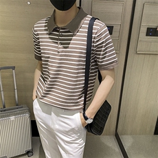 轻熟风复古潮流黑白条纹短袖修身透气休闲上衣夏季男士针织Polo衫，男装T恤，星座506