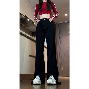 现货 秋冬黄泥开叉毛边宽松牛仔裤女设计感微喇休闲裤男K5803-P55图片